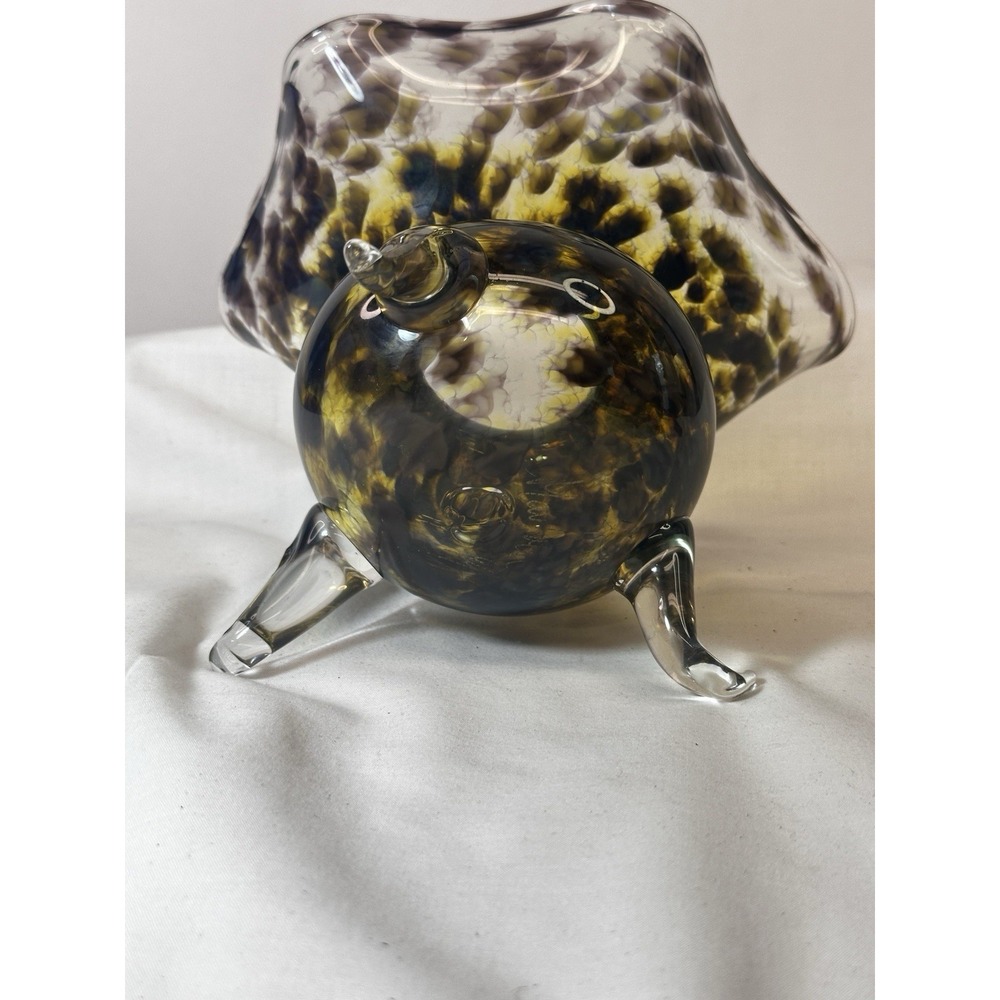 Murano Art Glass Amber, Yellow Tortoise Shell Ruffled 3 Footed Bowl Dish Signed - Picture 3 of 13